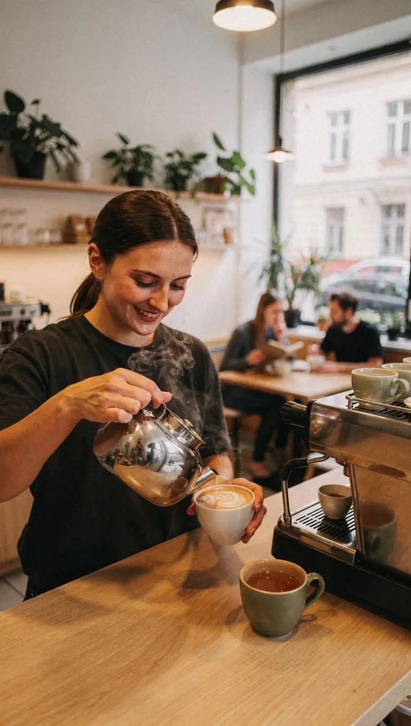 Artimas arbatos puodelio vaizdas, kuriame matomi švarūs skysčio atspalviai ir natūralūs žolelių fragmentai.