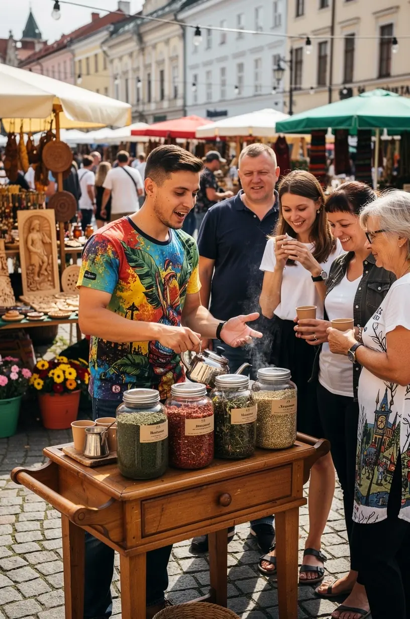 Raminanti žolelių arbata su garuojančiu puodeliu ant medinio stalo ramiai akimirkai.