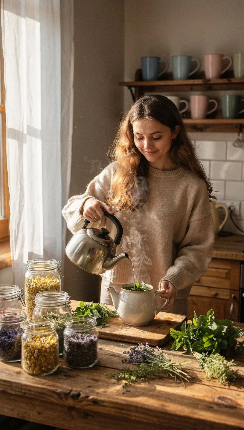 Minimalistinis arbatos servizas su stikline ir žolelių arbatų maišeliais, simbolizuojantis patogumą ir kokybę.