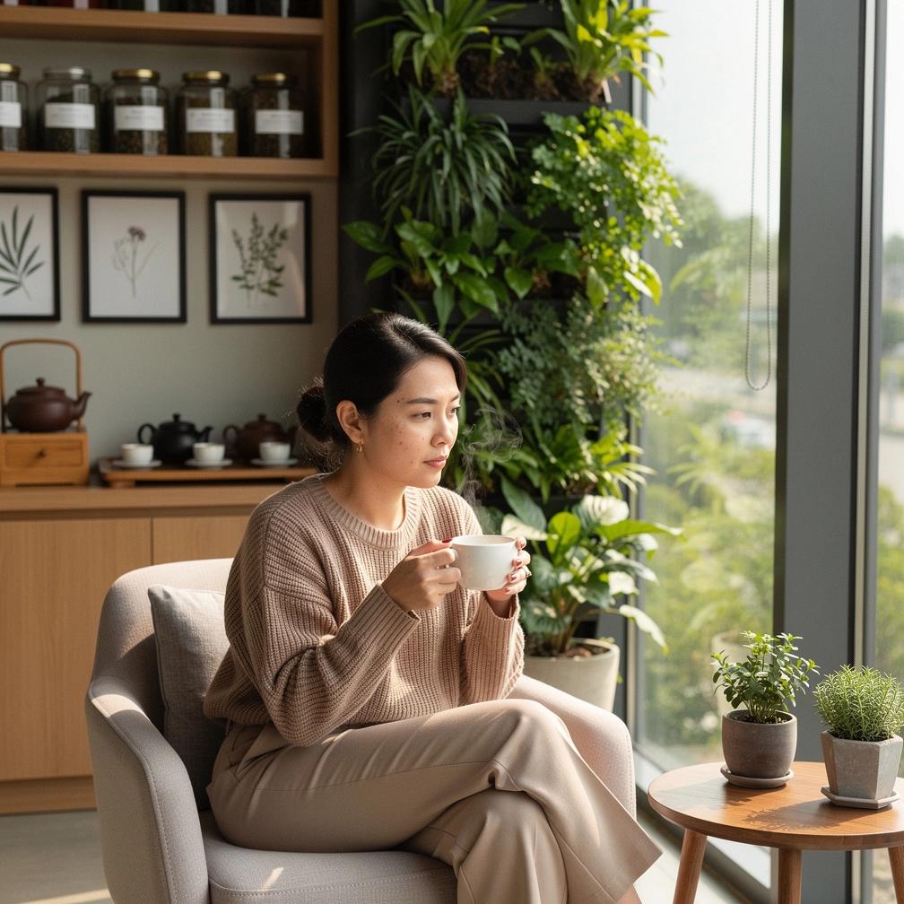 Švelniai garuojantis žolelių arbatos indas, fone natūralūs augalai, simbolizuojantys natūralų gyvenimo būdą ir komfortą.